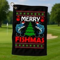 Merry Fishmas Funny Fish Fishing Ugly Christmas Golf Towel thumb 1