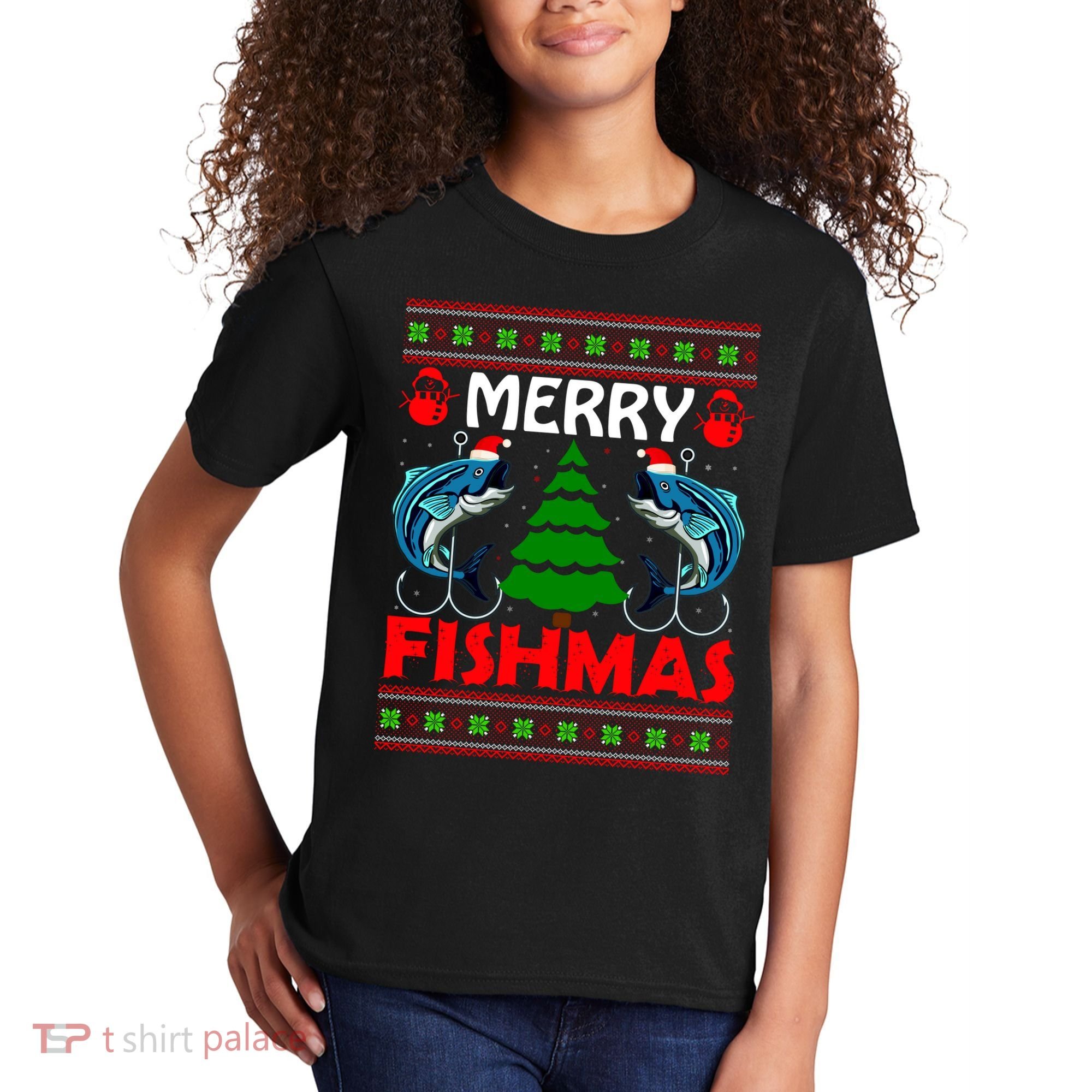 Merry Fishmas Funny Fish Fishing Ugly Christmas Kids T-Shirt