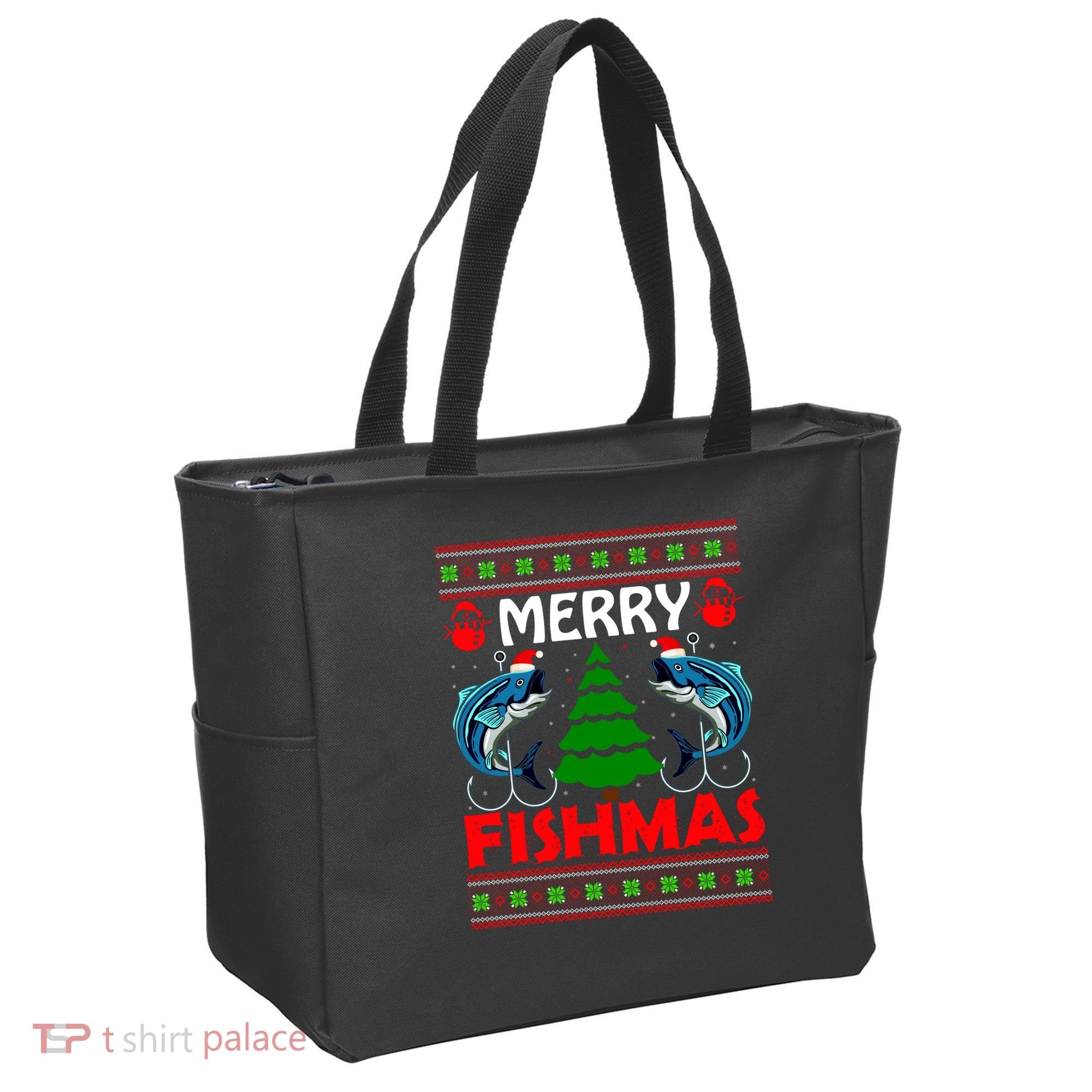 Merry Fishmas Funny Fish Fishing Ugly Christmas Tote Bag