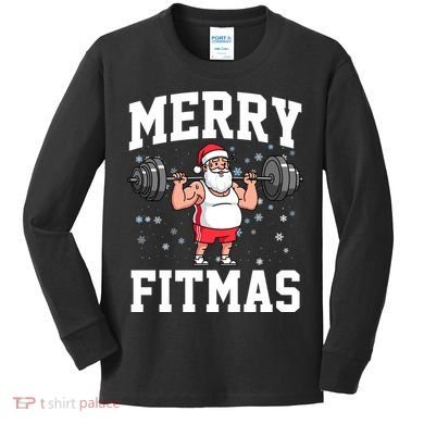 Merry Fitmas Funny Santa Claus Kids Long Sleeve Shirt