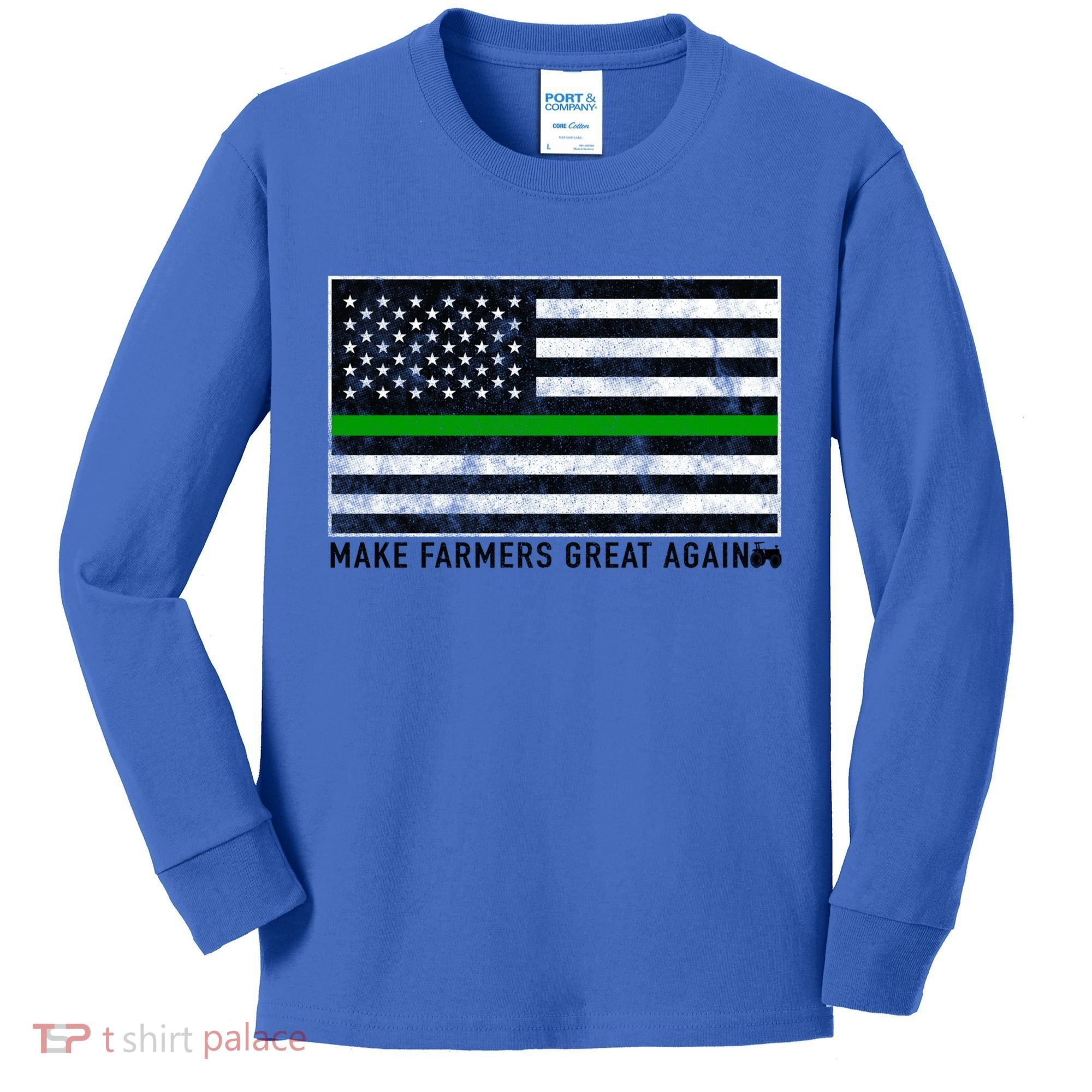 Make Farmers Great Again Tractor Us Flag Green Line Gift Kids Long Sleeve Shirt