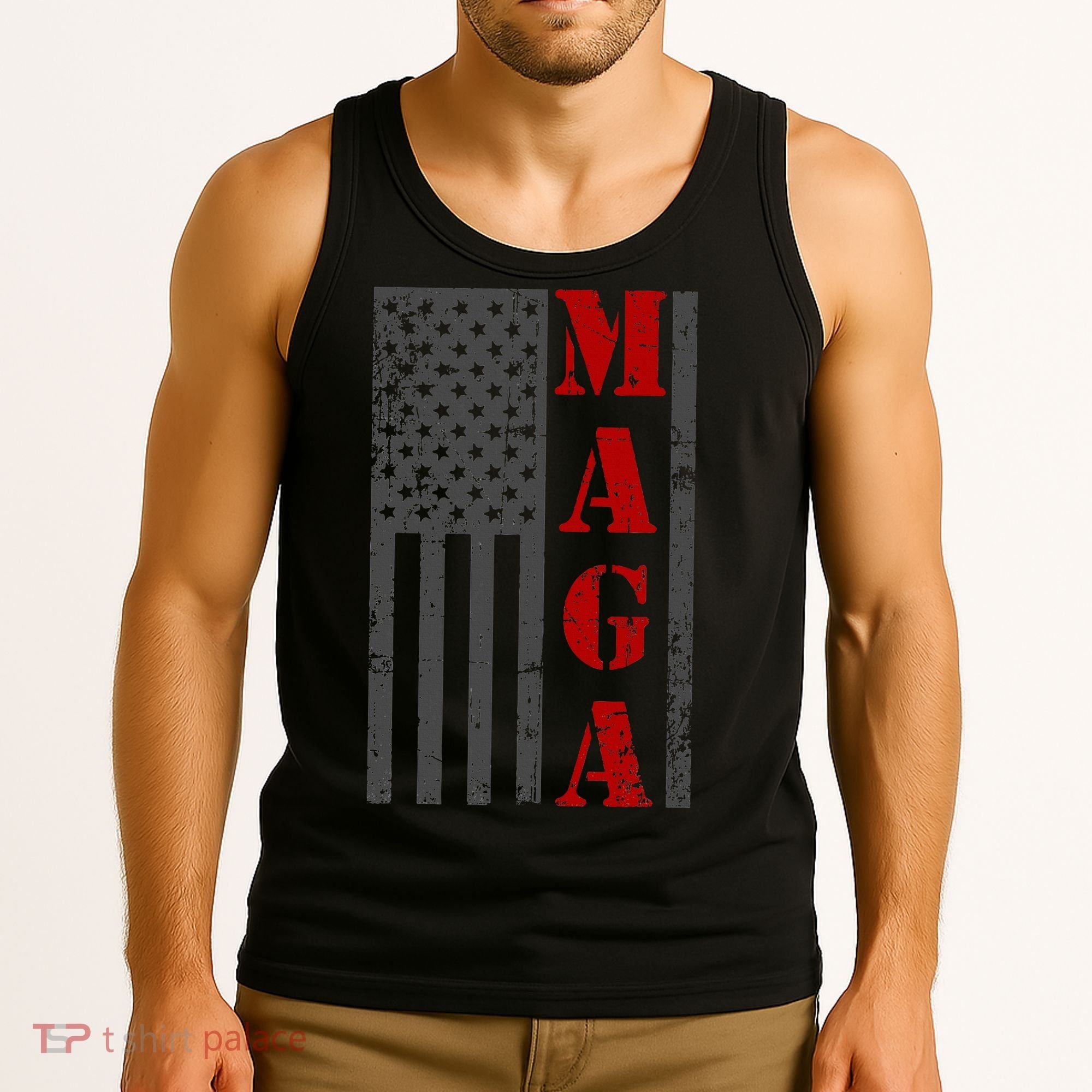 Maga Flag Gray And Red Distressed American Flag Tank Top