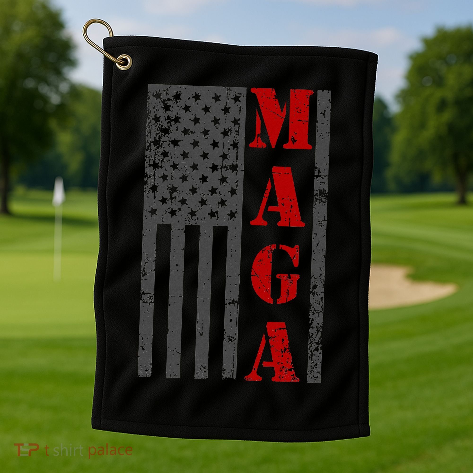 Maga Flag Gray And Red Distressed American Flag Golf Towel