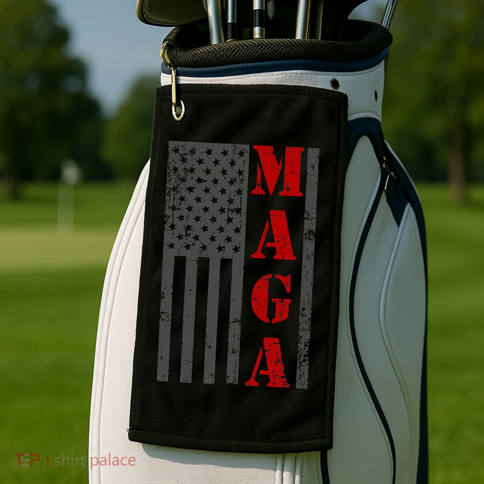 Maga Flag Gray And Red Distressed American Flag Golf Towel