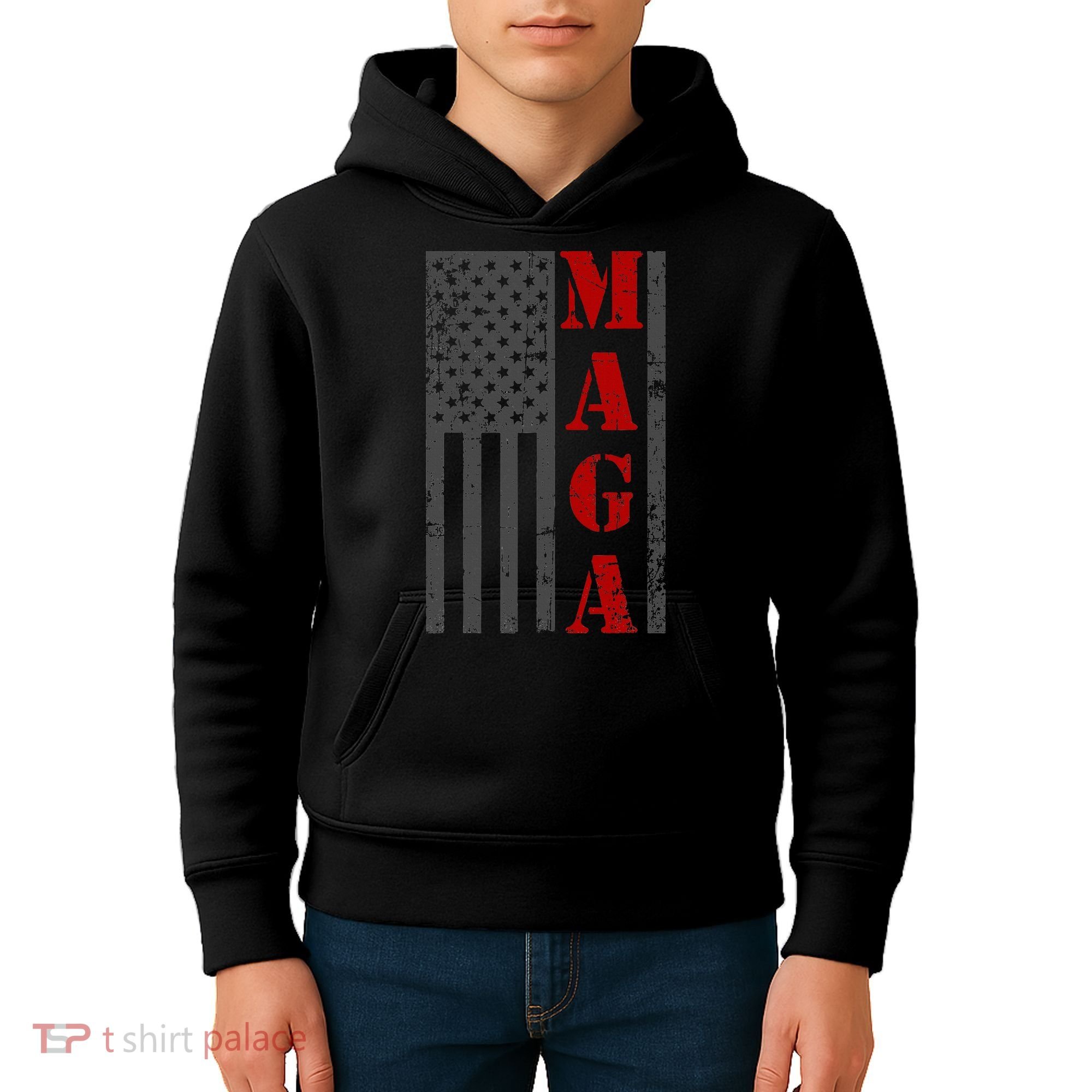 Maga Flag Gray And Red Distressed American Flag Kids Hoodie