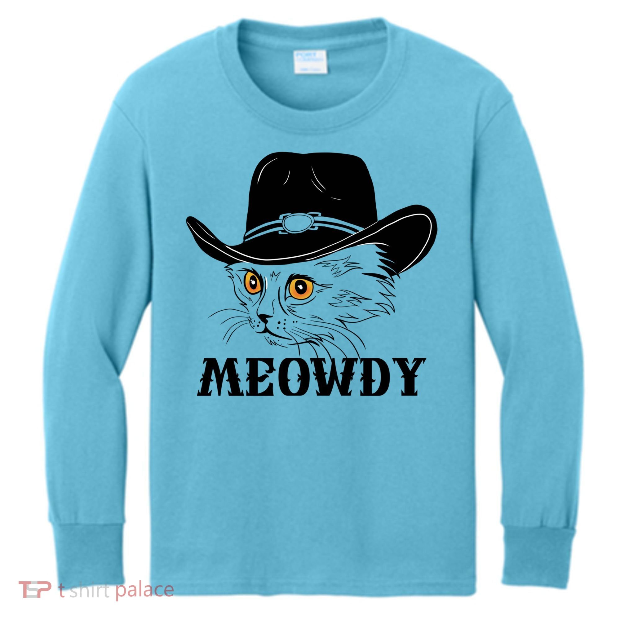 Meowdy Funny Howdy Cat Dad Joke Gift Kids Long Sleeve Shirt