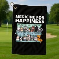 Medicine For Happiness Funny Cat Lover Golf Towel thumb 1