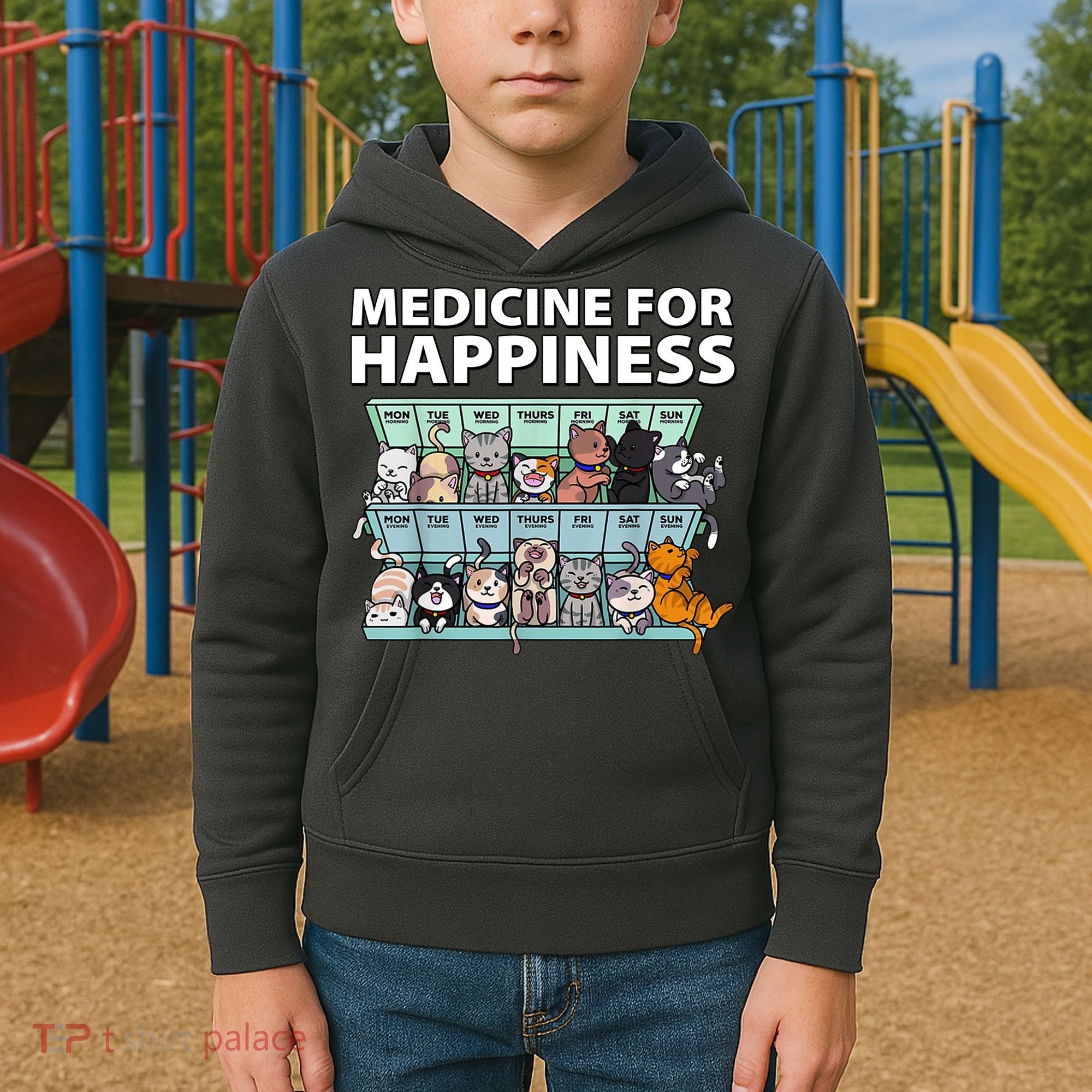 Medicine For Happiness Funny Cat Lover Kids Hoodie