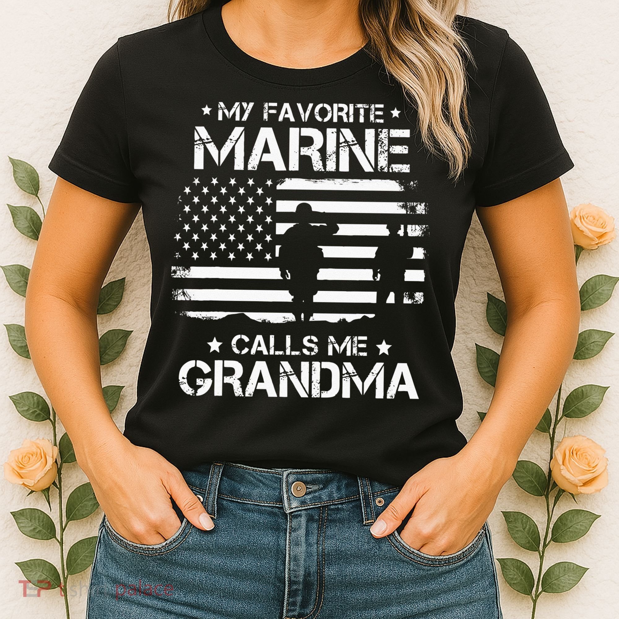 My Favorite Marine Calls Me Grandma USA Flag Women's T-Shirt