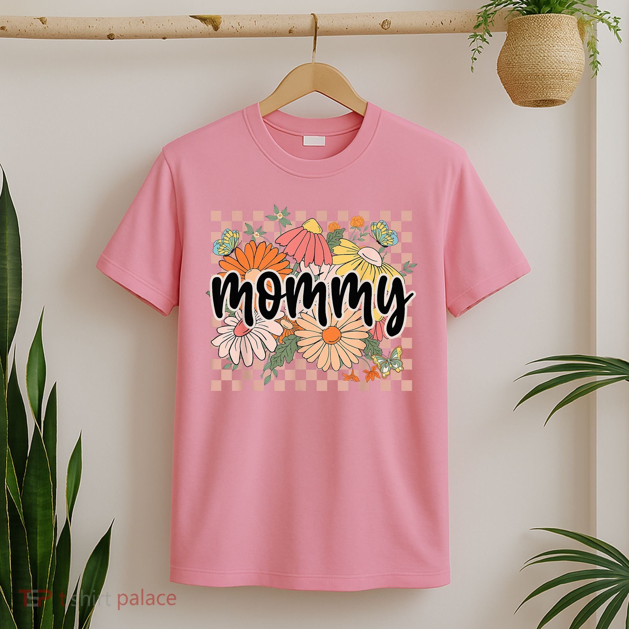 Mommy Floral Mother'S Day Wildflower Girl Checkered T-Shirt