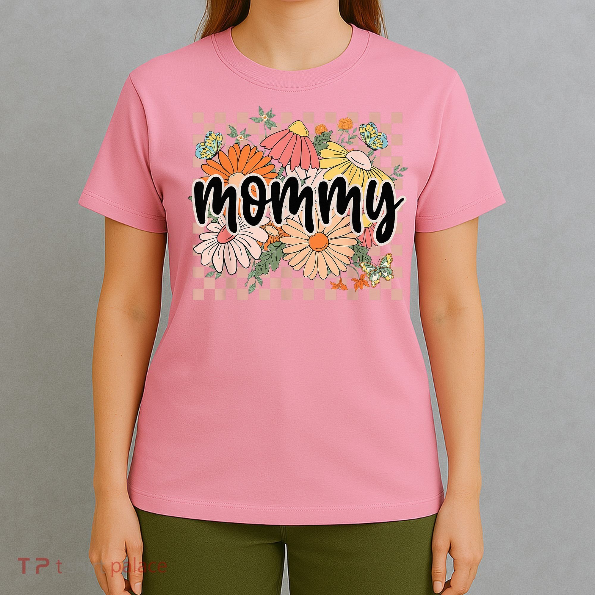 Mommy Floral Mother'S Day Wildflower Girl Checkered T-Shirt