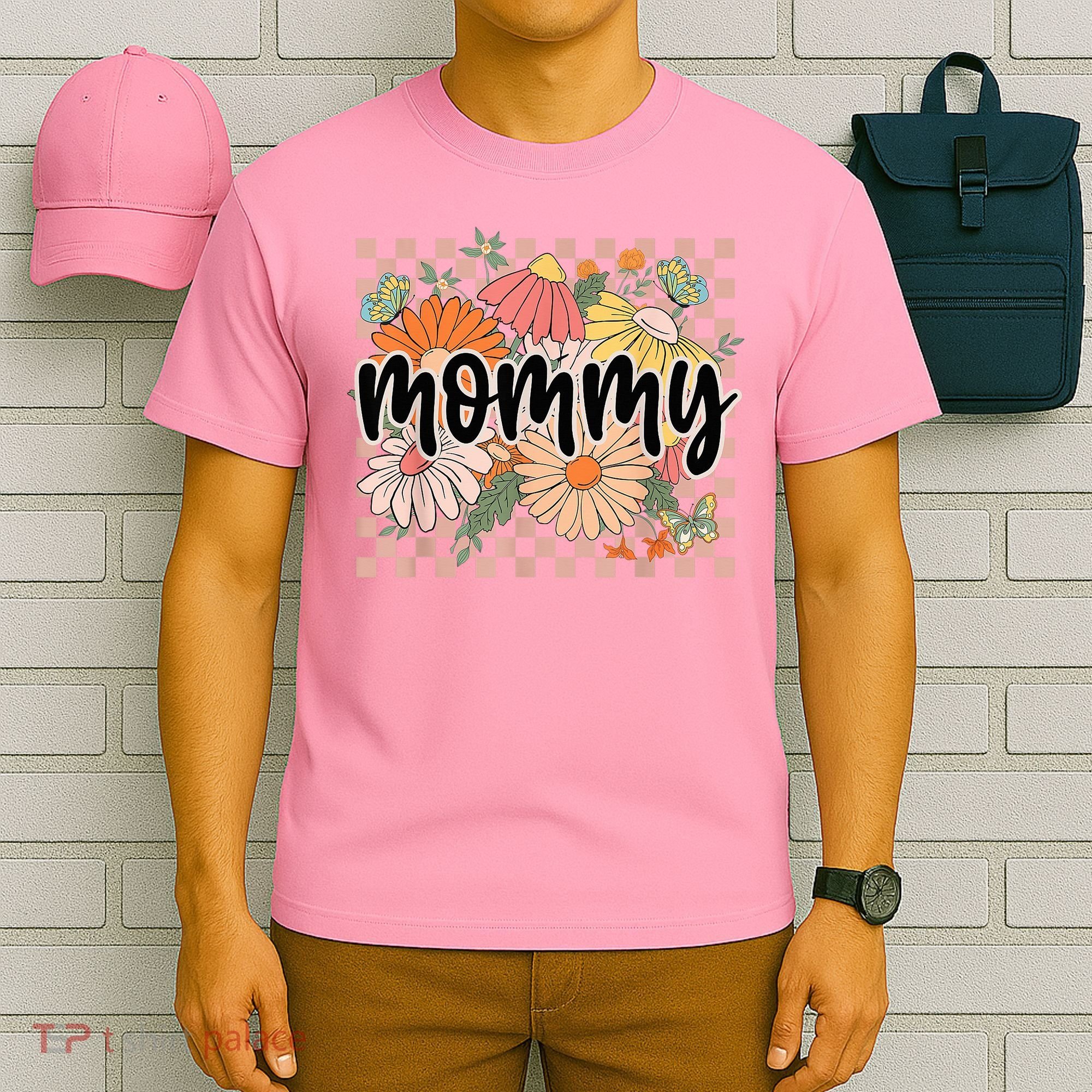 Mommy Floral Mother'S Day Wildflower Girl Checkered T-Shirt