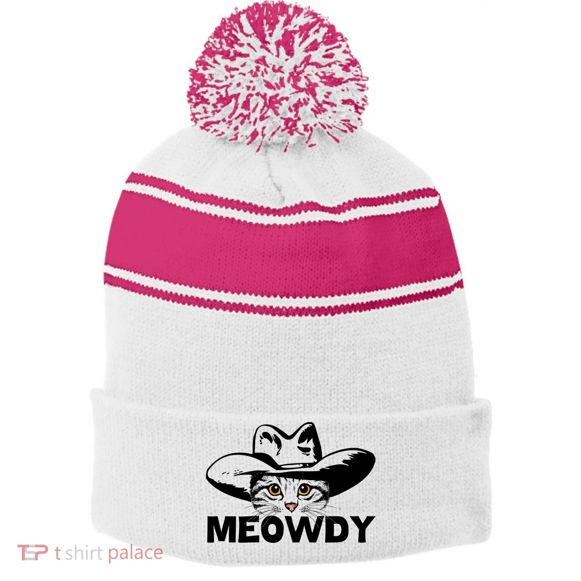 Meowdy Funny Mashup Between Meow And Howdy Cat Meme Great Gift Stripe Pom Pom Beanie