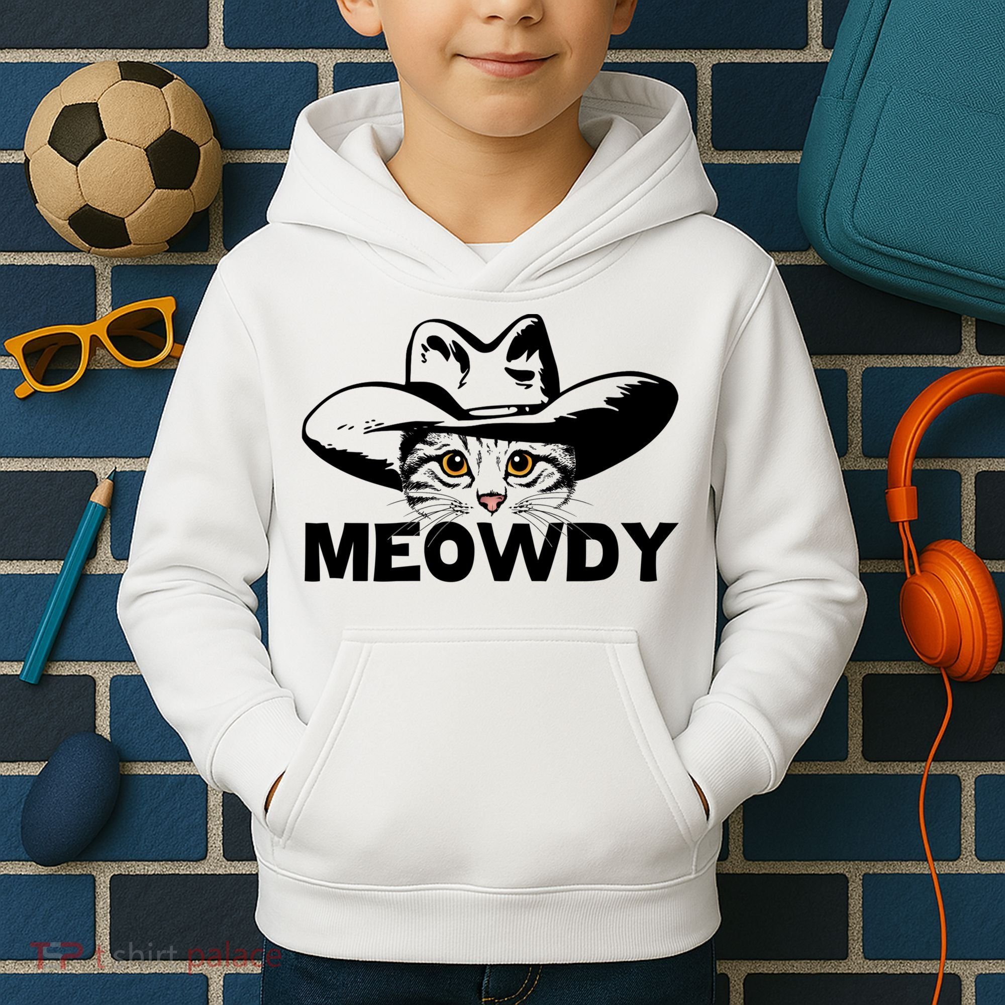 Meowdy Funny Mashup Between Meow And Howdy Cat Meme Great Gift Kids Hoodie