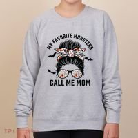 My Favorite Monsters Call Me Mom Messy Bun Mom Halloween Women's Sweatshirt thumb 0
