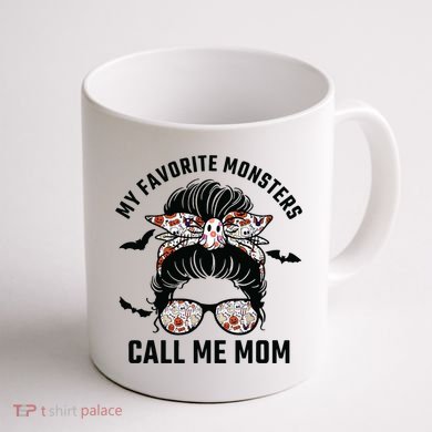 My Favorite Monsters Call Me Mom Messy Bun Mom Halloween Coffee Mug back