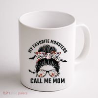 My Favorite Monsters Call Me Mom Messy Bun Mom Halloween Coffee Mug thumb 1