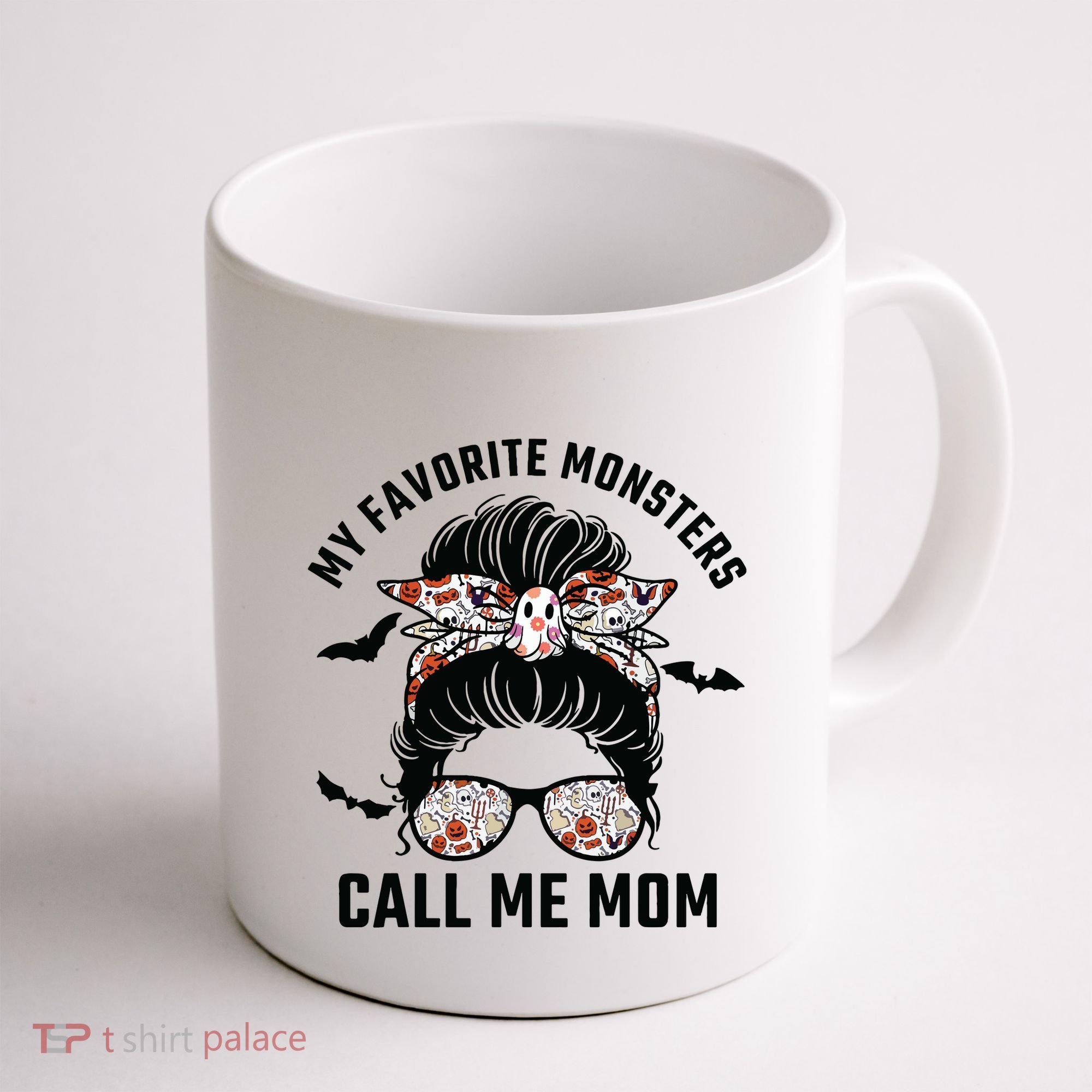 My Favorite Monsters Call Me Mom Messy Bun Mom Halloween Coffee Mug