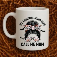 My Favorite Monsters Call Me Mom Messy Bun Mom Halloween Coffee Mug thumb 2