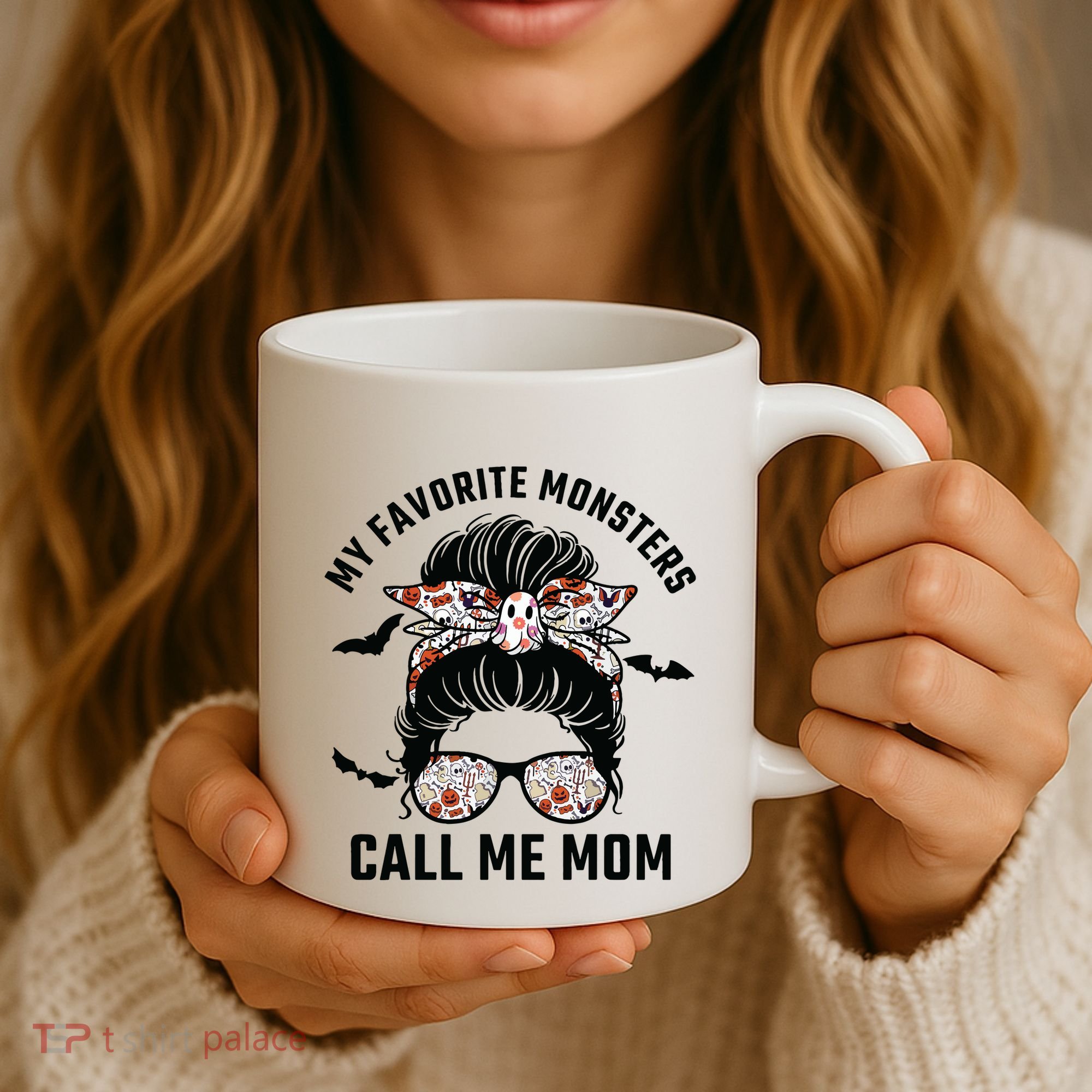 My Favorite Monsters Call Me Mom Messy Bun Mom Halloween Coffee Mug