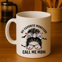 My Favorite Monsters Call Me Mom Messy Bun Mom Halloween Coffee Mug thumb 4
