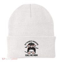 My Favorite Monsters Call Me Mom Messy Bun Mom Halloween Beanie thumb 0