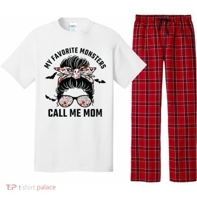 My Favorite Monsters Call Me Mom Messy Bun Mom Halloween Pajama Set