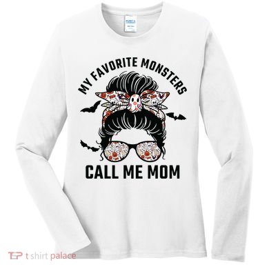 My Favorite Monsters Call Me Mom Messy Bun Mom Halloween Women's Long Sleeve Shirt