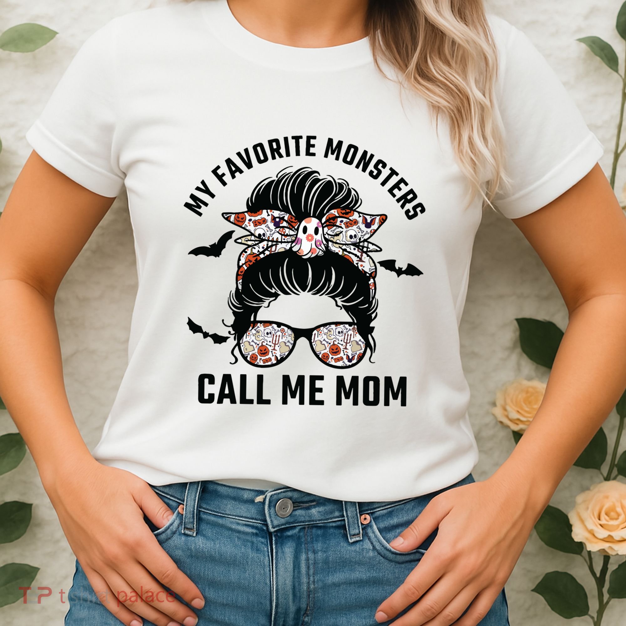 My Favorite Monsters Call Me Mom Messy Bun Mom Halloween Women's T-Shirt
