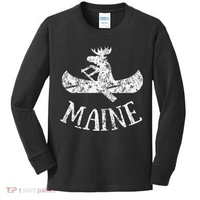 Maine Funny Moose Canoe Vacation Kids Long Sleeve Shirt