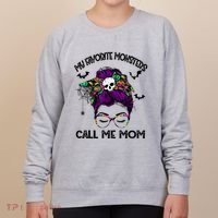 My Favorite Monsters Call Me Mom Messy Bun Happy Halloween Women's Sweatshirt thumb 0