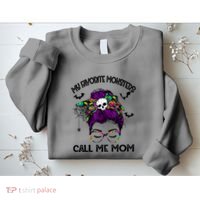 My Favorite Monsters Call Me Mom Messy Bun Happy Halloween Sweatshirt thumb 2