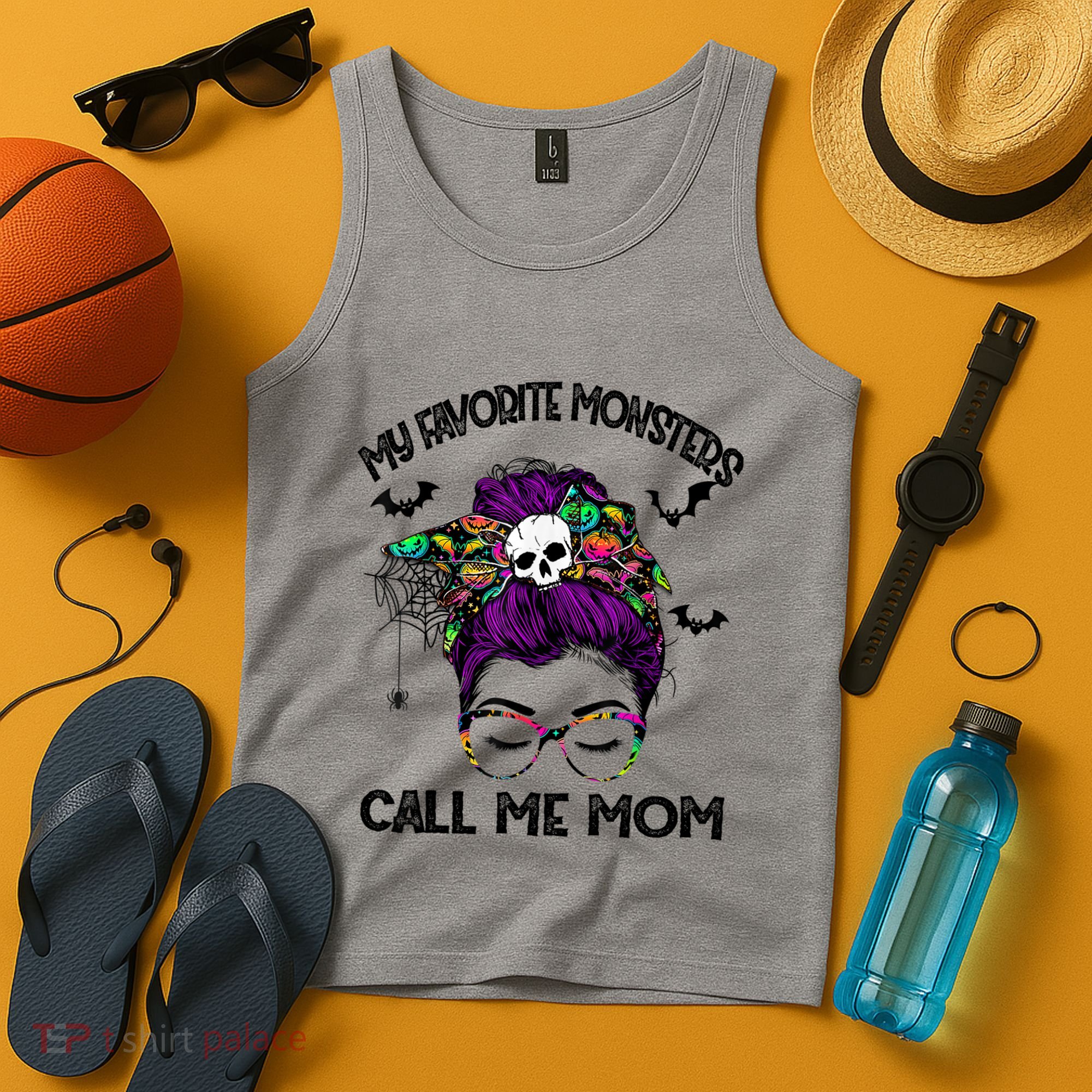 My Favorite Monsters Call Me Mom Messy Bun Happy Halloween Tank Top