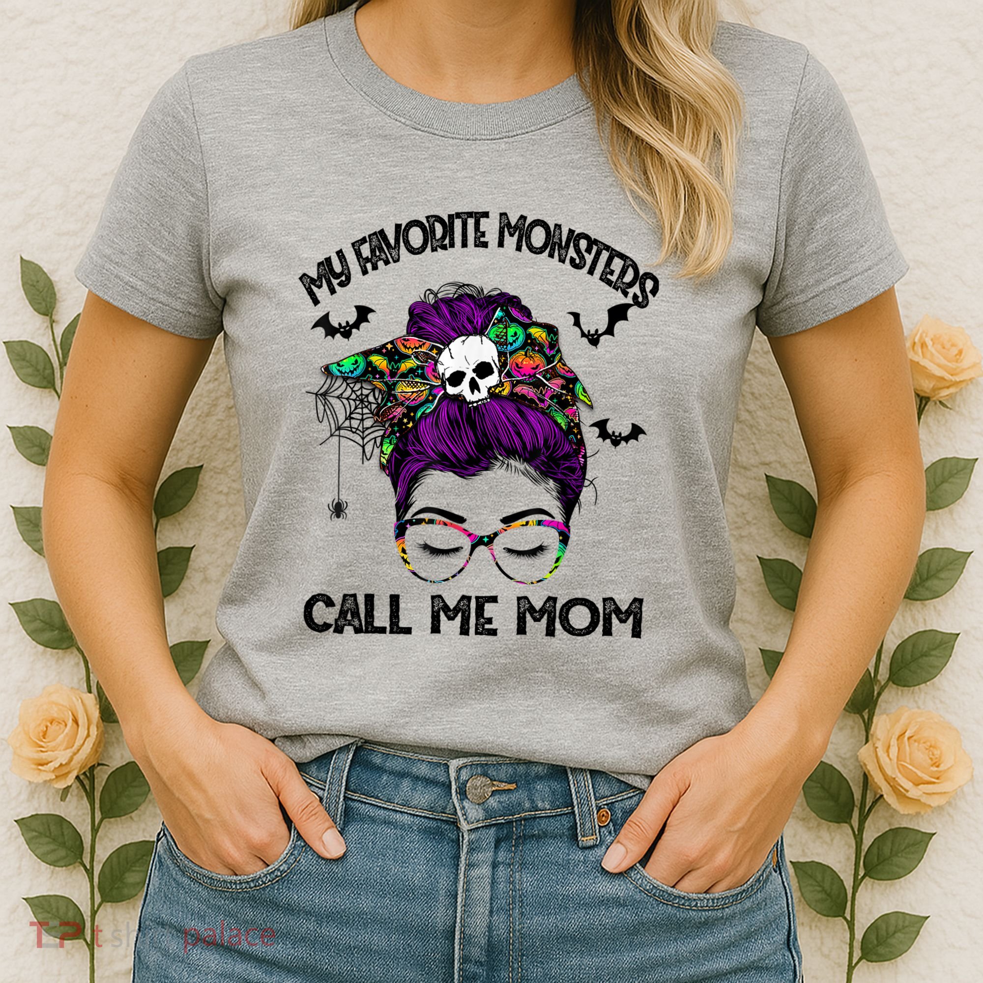 My Favorite Monsters Call Me Mom Messy Bun Happy Halloween Women's T-Shirt