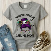 My Favorite Monsters Call Me Mom Messy Bun Happy Halloween Women's T-Shirt thumb 3