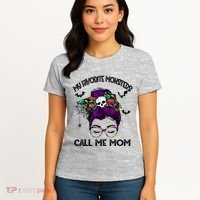 My Favorite Monsters Call Me Mom Messy Bun Happy Halloween Women's T-Shirt thumb 4