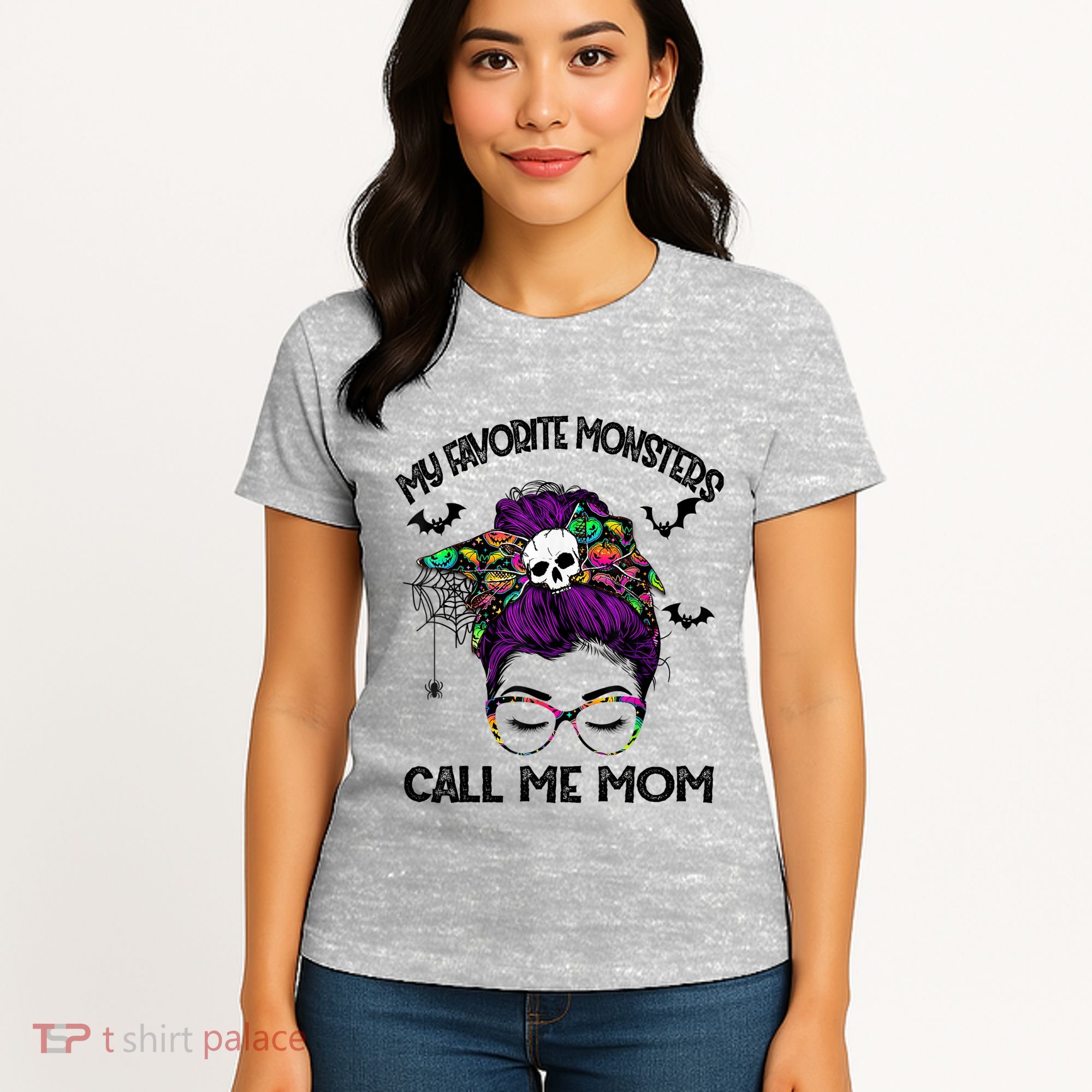 My Favorite Monsters Call Me Mom Messy Bun Happy Halloween Women's T-Shirt
