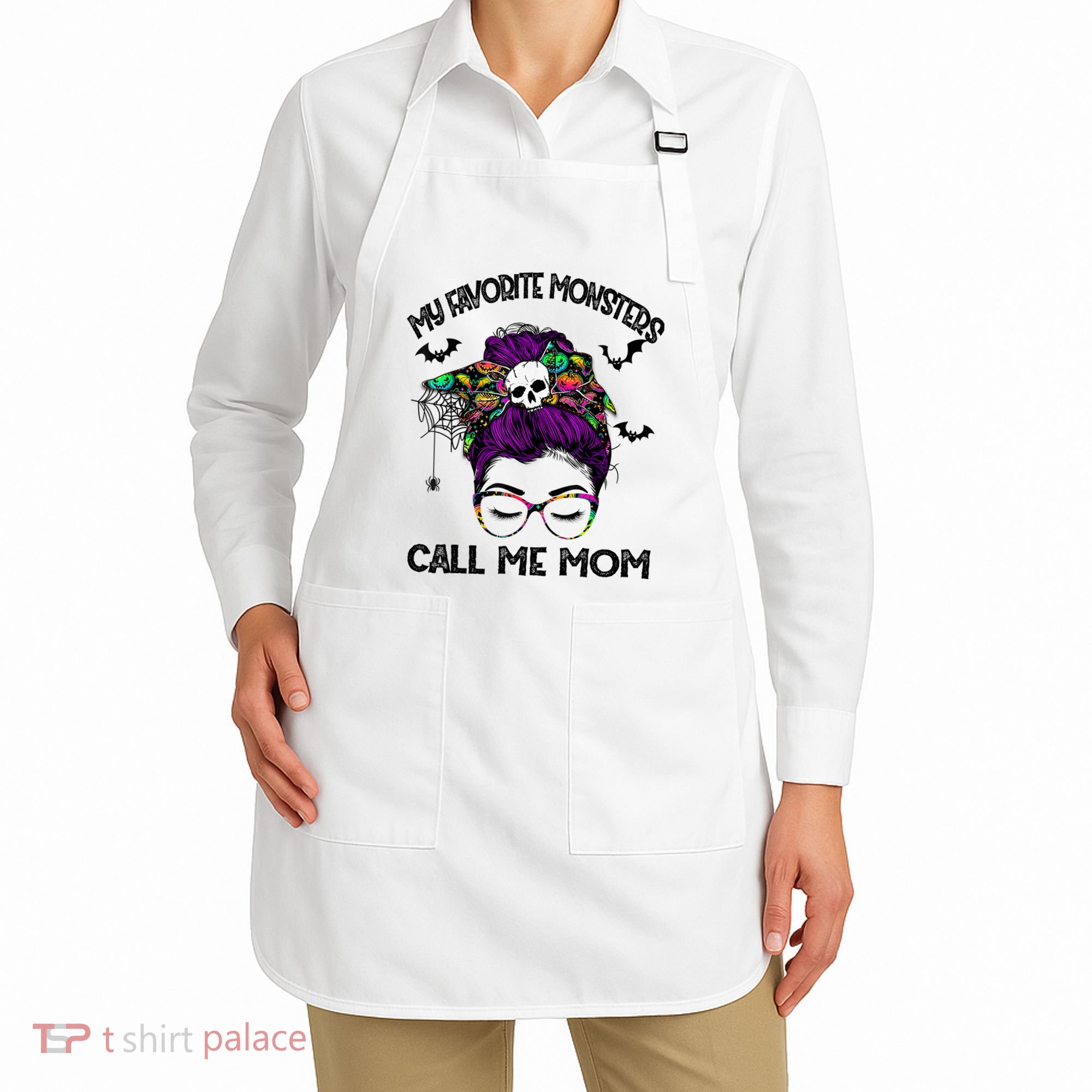 My Favorite Monsters Call Me Mom Messy Bun Happy Halloween Apron