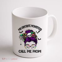 My Favorite Monsters Call Me Mom Messy Bun Happy Halloween Coffee Mug thumb 1