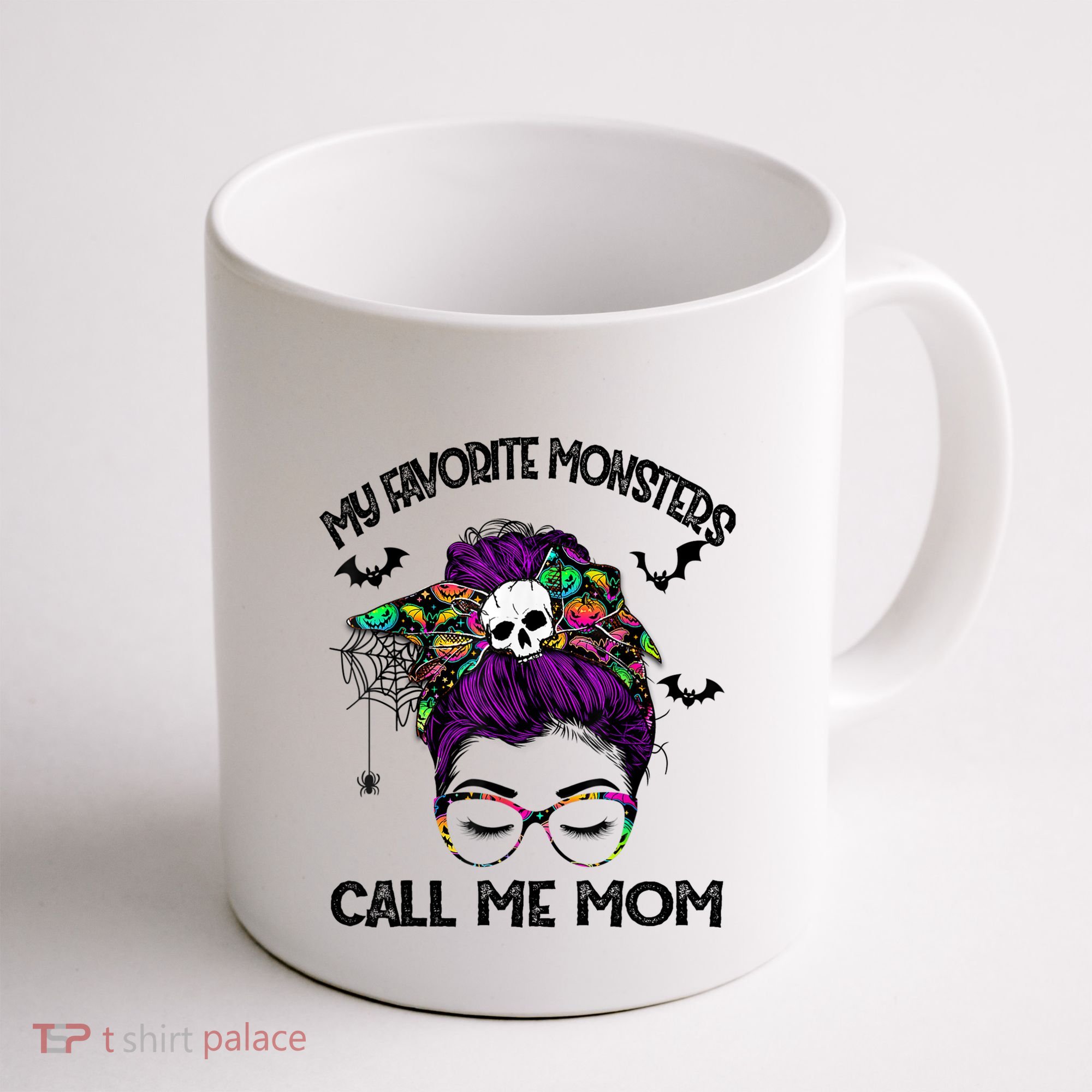 My Favorite Monsters Call Me Mom Messy Bun Happy Halloween Coffee Mug