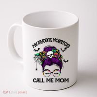 My Favorite Monsters Call Me Mom Messy Bun Happy Halloween Coffee Mug thumb 0