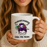 My Favorite Monsters Call Me Mom Messy Bun Happy Halloween Coffee Mug thumb 3