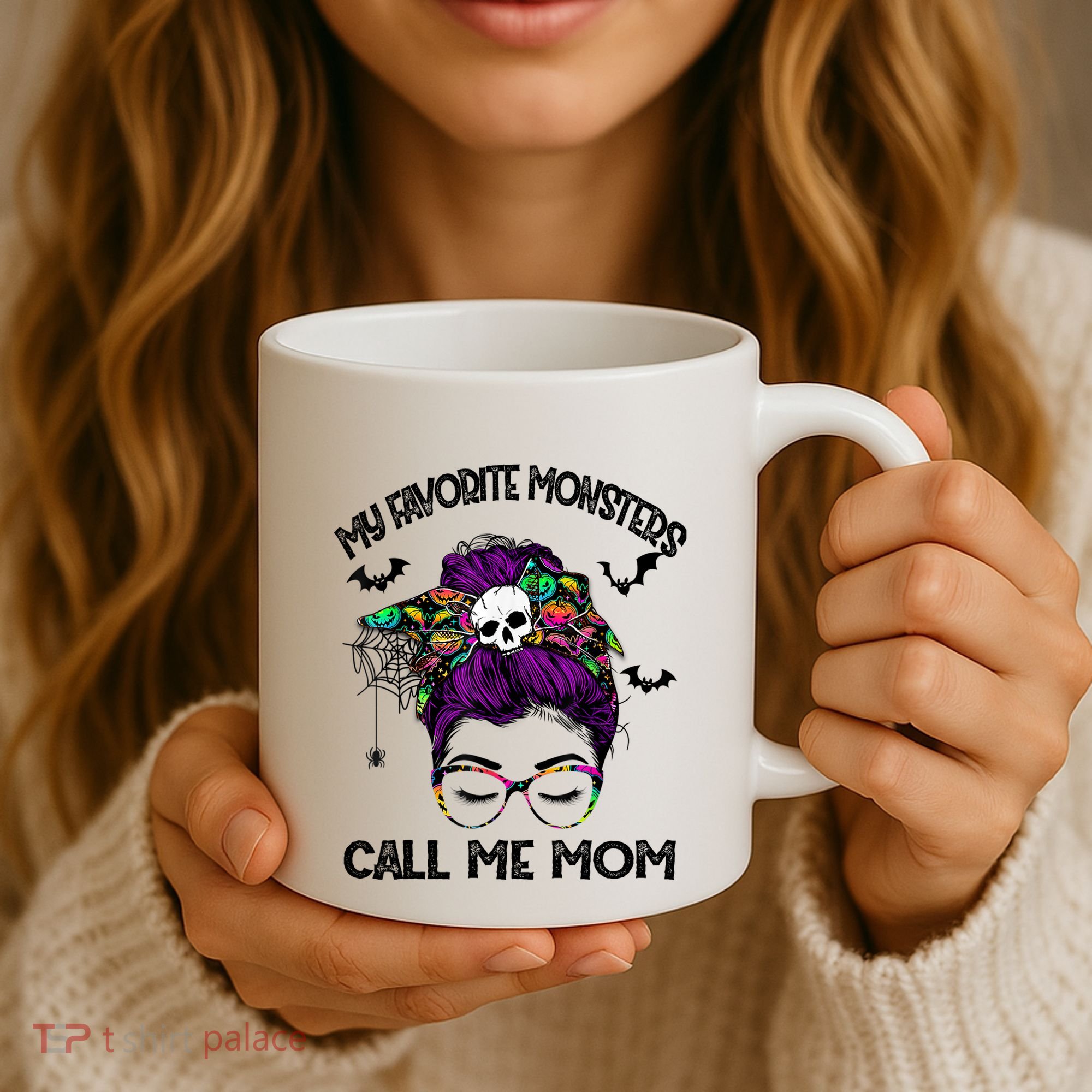 My Favorite Monsters Call Me Mom Messy Bun Happy Halloween Coffee Mug