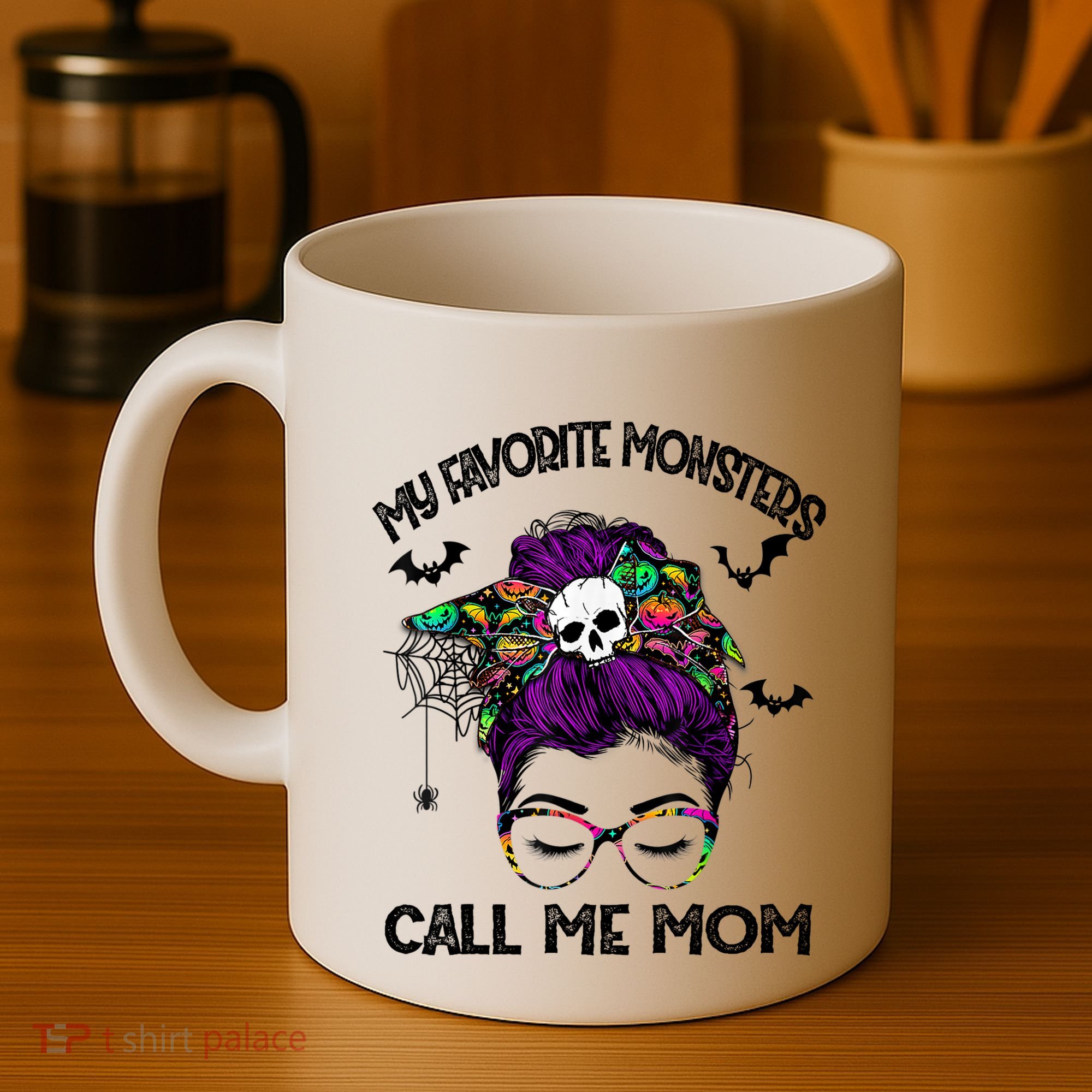 My Favorite Monsters Call Me Mom Messy Bun Happy Halloween Coffee Mug