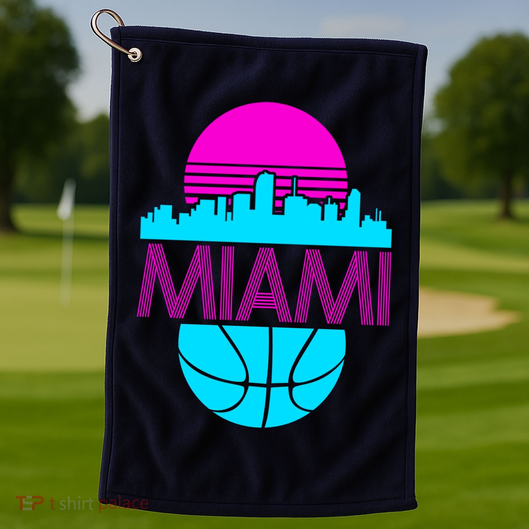 Miami Florida Neon Retro Logo Golf Towel