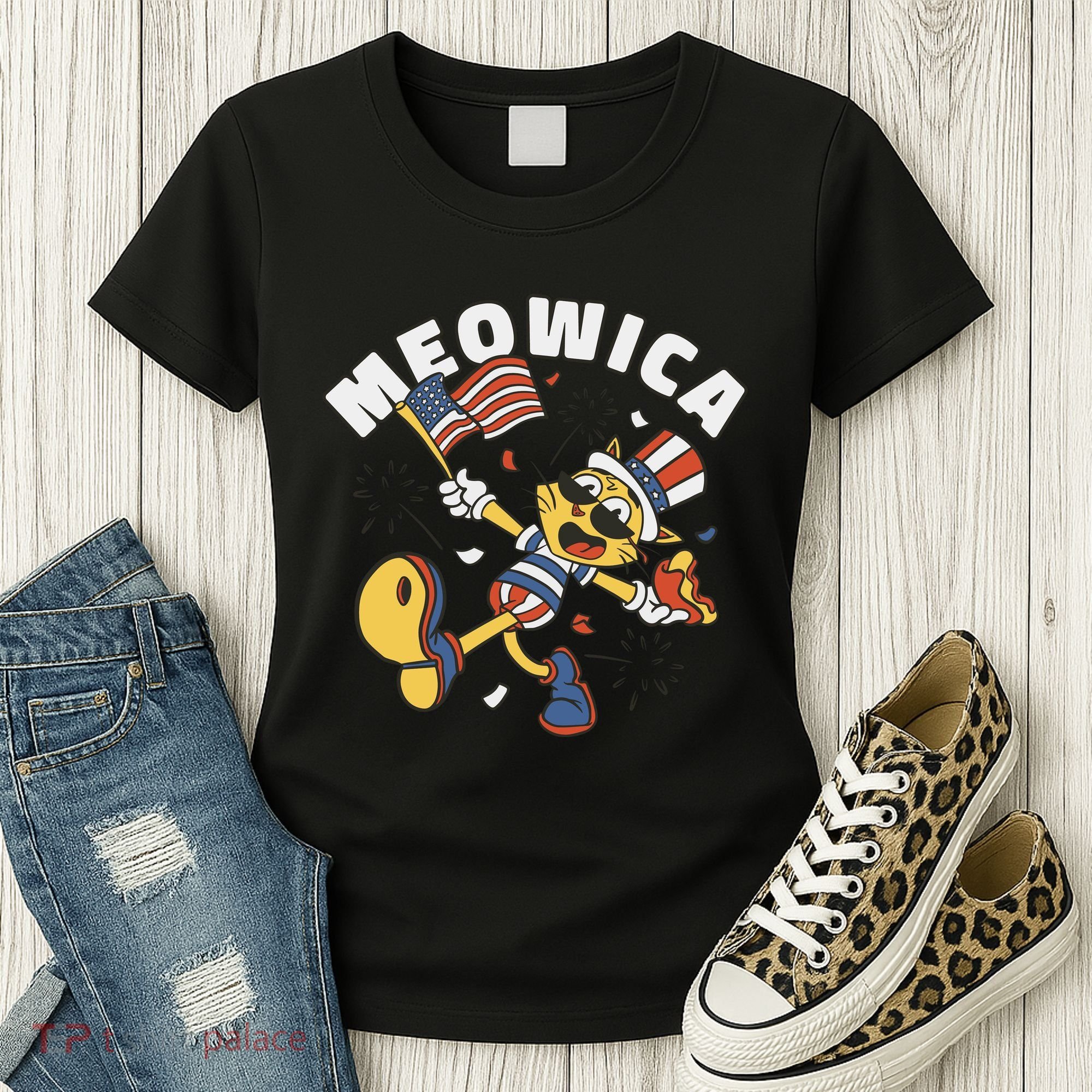 Meowica Fourth Of July Funny Cat Women's T-Shirt