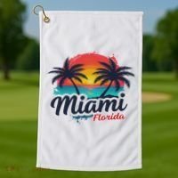 Miami Florida Sunset – Palm Tree Beach Coastal Vibes Golf Towel thumb 1