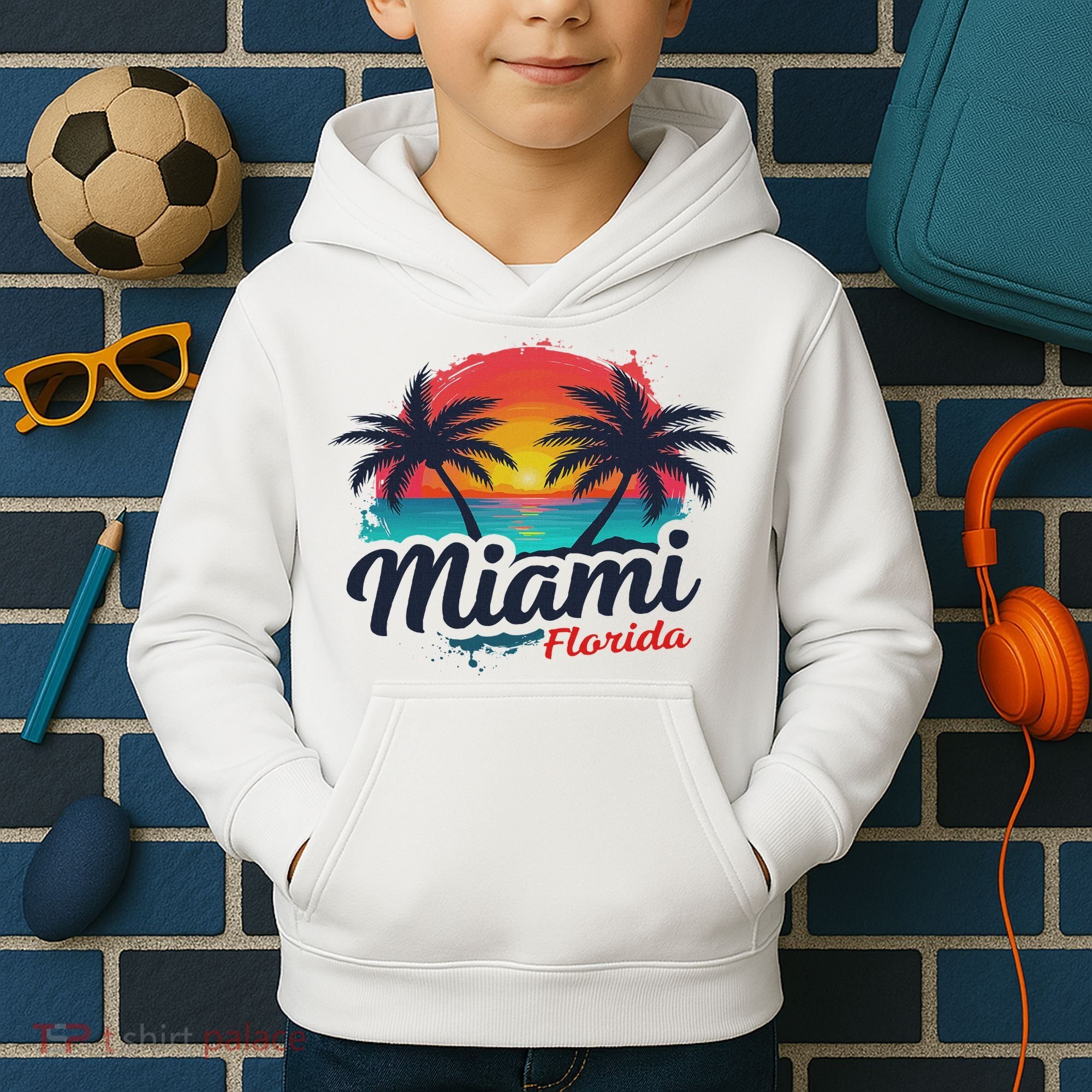 Miami Florida Sunset – Palm Tree Beach Coastal Vibes Kids Hoodie