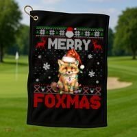 Merry Foxmas Santa Fox Lights Fox Lovers Ugly Xmas Gift Golf Towel thumb 1