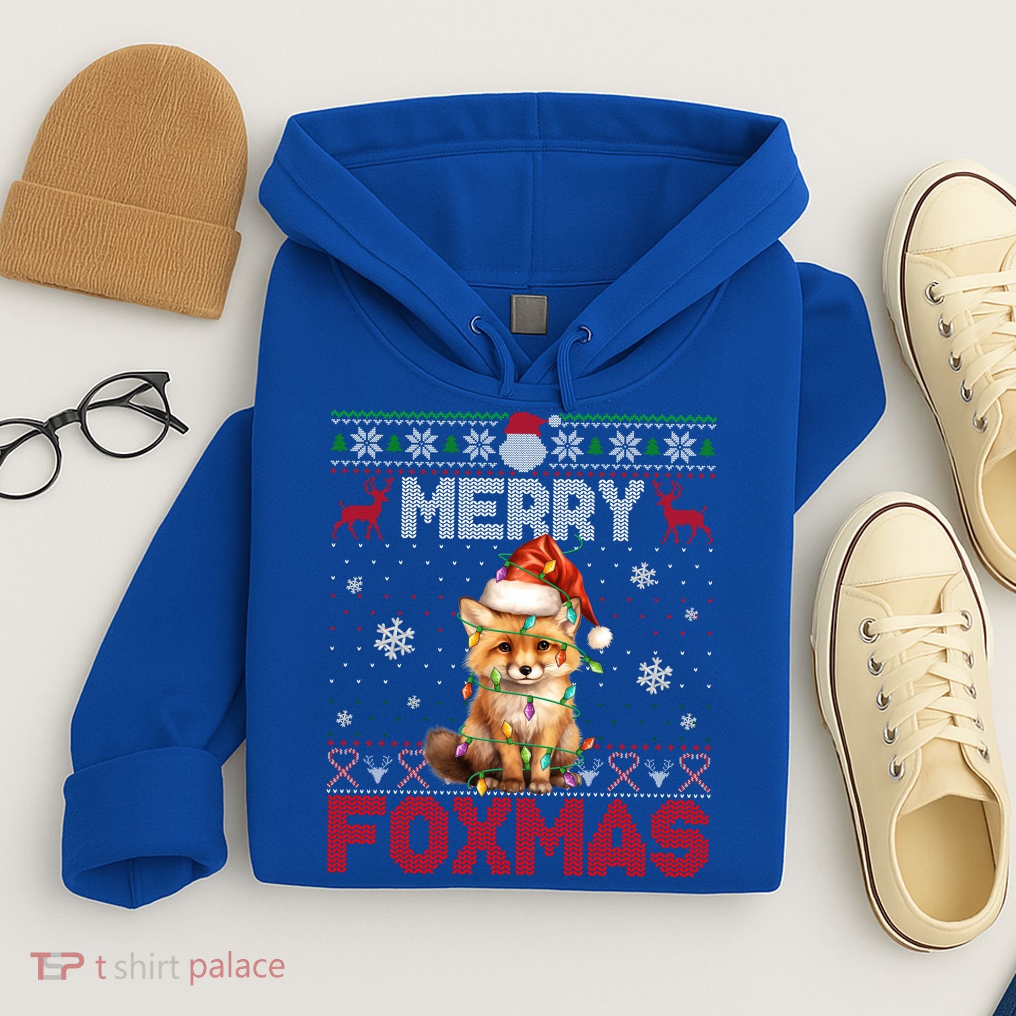 Merry Foxmas Santa Fox Lights Fox Lovers Ugly Xmas Gift Hoodie
